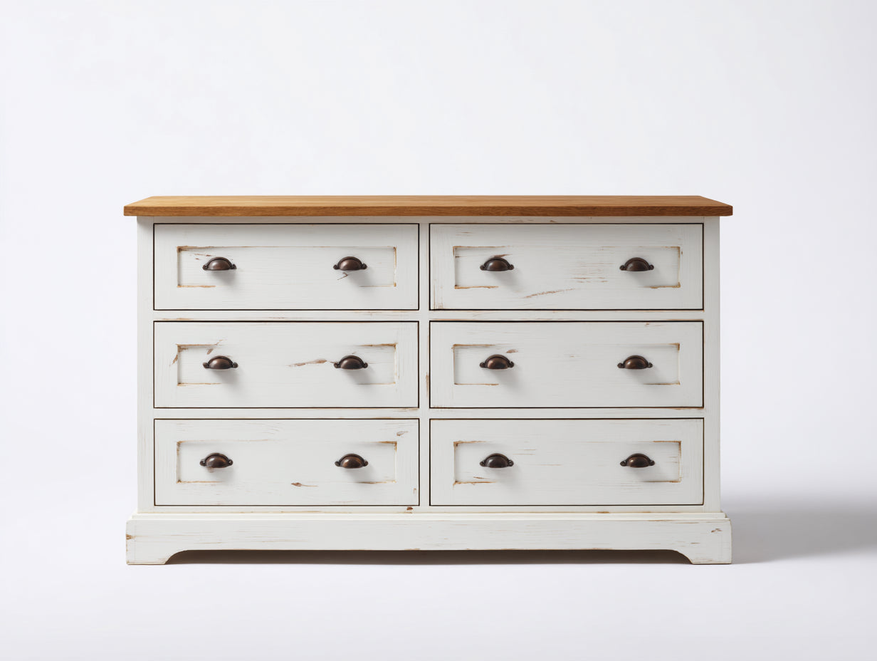 Mueble recibidor de madera 140x45x85 cm - blanco-marrón - 6 cajones - estilo rústico para entrada