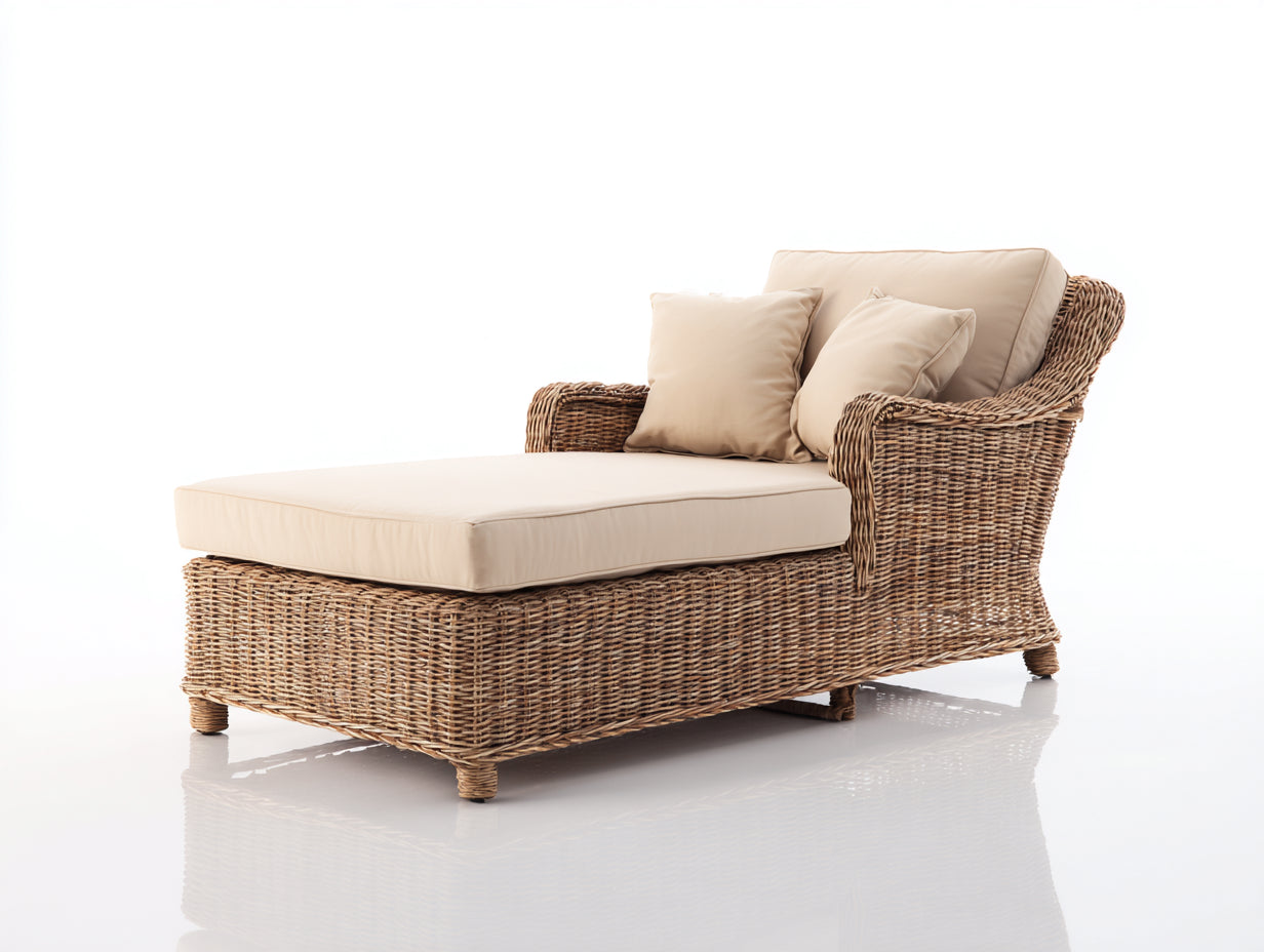 Tumbonas de ratán 190x80x85 cm - marrón-beige - respaldo curvado con reposabrazos - estilo natural para jardín y terraza