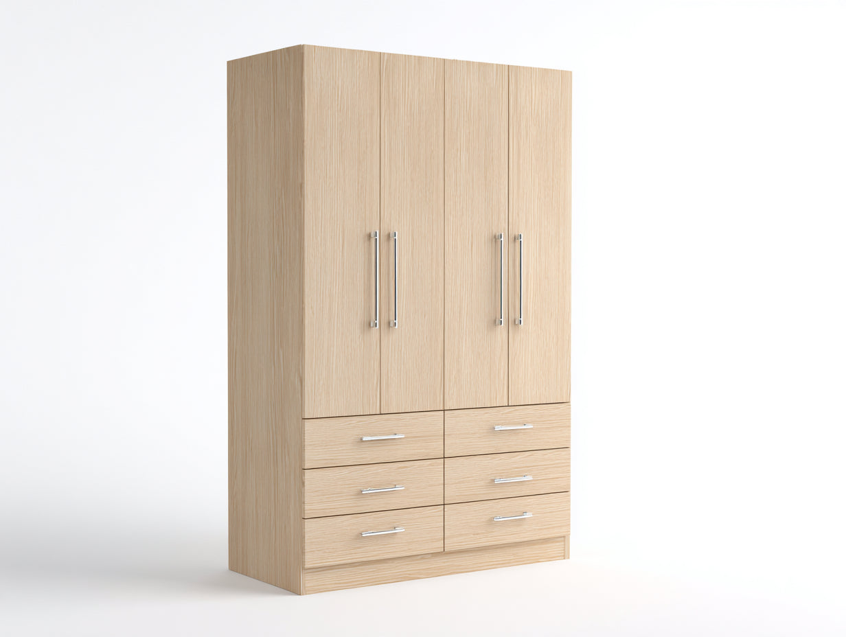 Armario madera 180x60x220 cm color roble claro para dormitorio - 4 puertas 6 cajones - diseño moderno