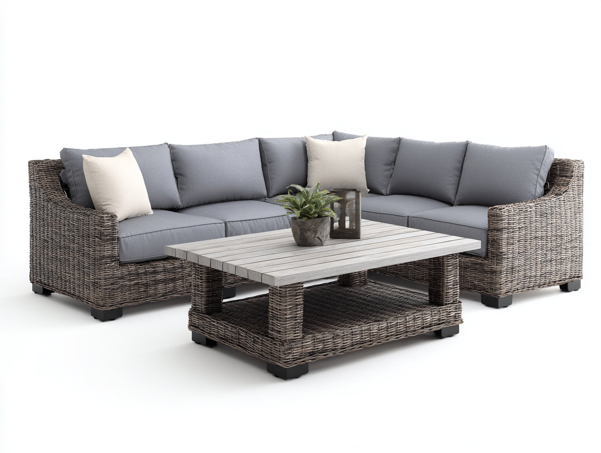 Sofás de exterior de ratán 250x250x75 cm - gris-marrón - con mesa de centro - estilo moderno para jardín y terraza