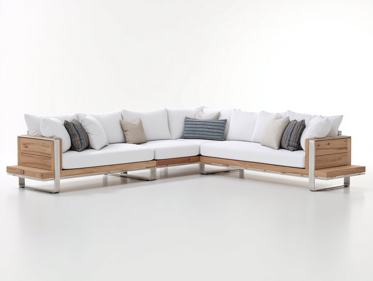 Sofás de exterior de madera y metal 320x320x78 cm - color blanco-marrón - estilo moderno para jardín