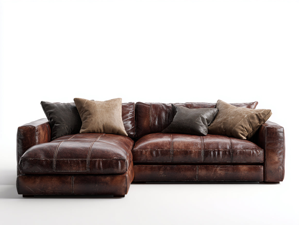 Sofás de esquina de cuero 250x175x78 cm marrón para salón - diseño clásico con chaise longue