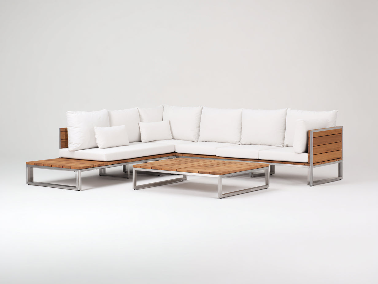 Sofás de exterior de aluminio y madera 260x200x75 cm blanco y madera natural - diseño moderno con mesa baja