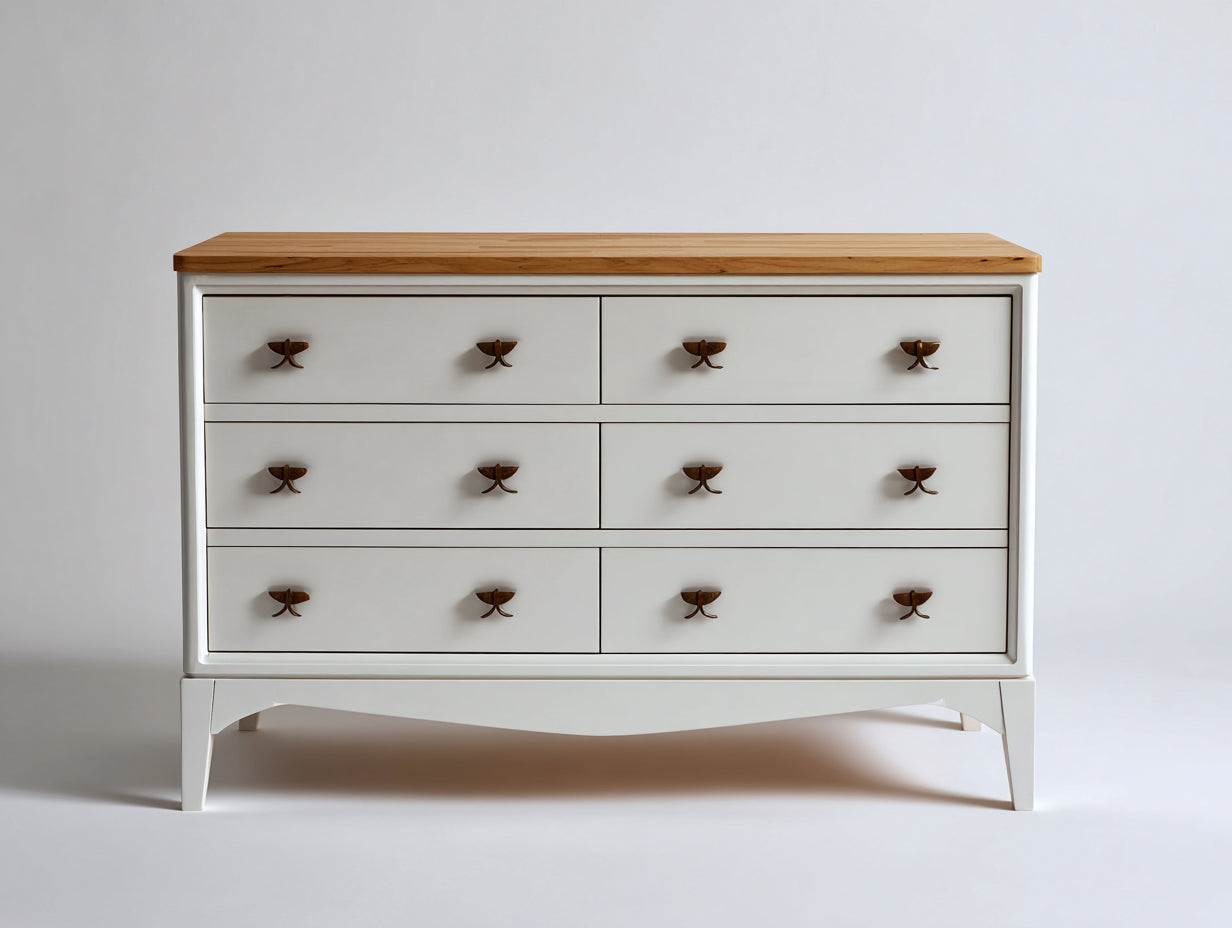 Mueble recibidor de madera 130x45x82 cm - color blanco-marrón - 6 cajones - estilo clásico para entrada