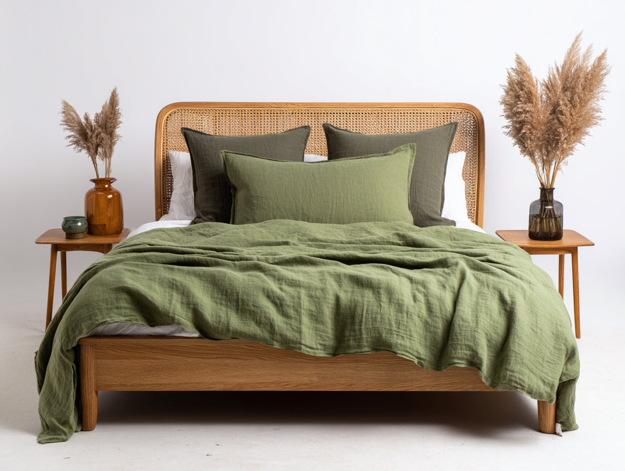 Camas dobles de madera 208x160x105 cm roble natural para dormitorio - cabecero trenzado estilo boho moderno