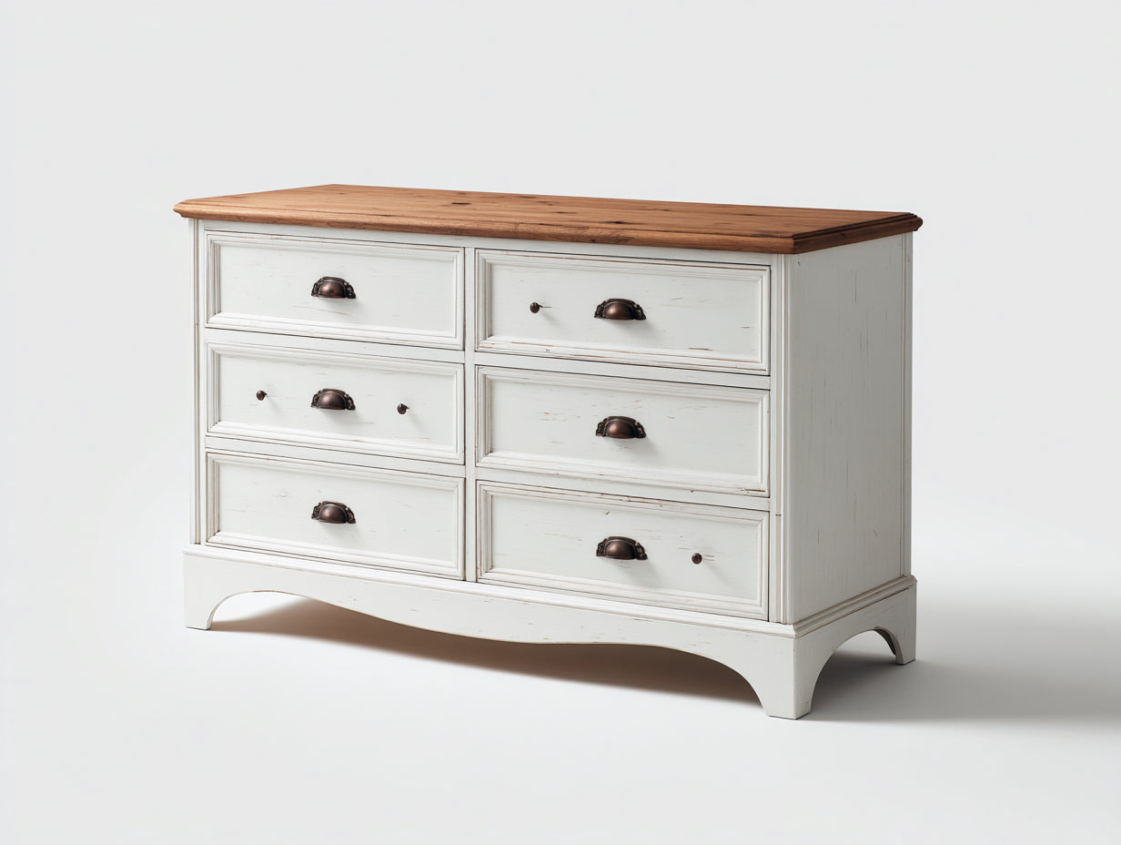 Mueble recibidor madera 125x42x82 cm blanco y roble para entrada - 6 cajones - estilo rústico
