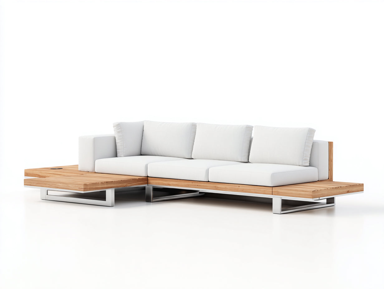 Sofás de exterior madera 285x165x75 cm blanco y roble para jardín - diseño moderno