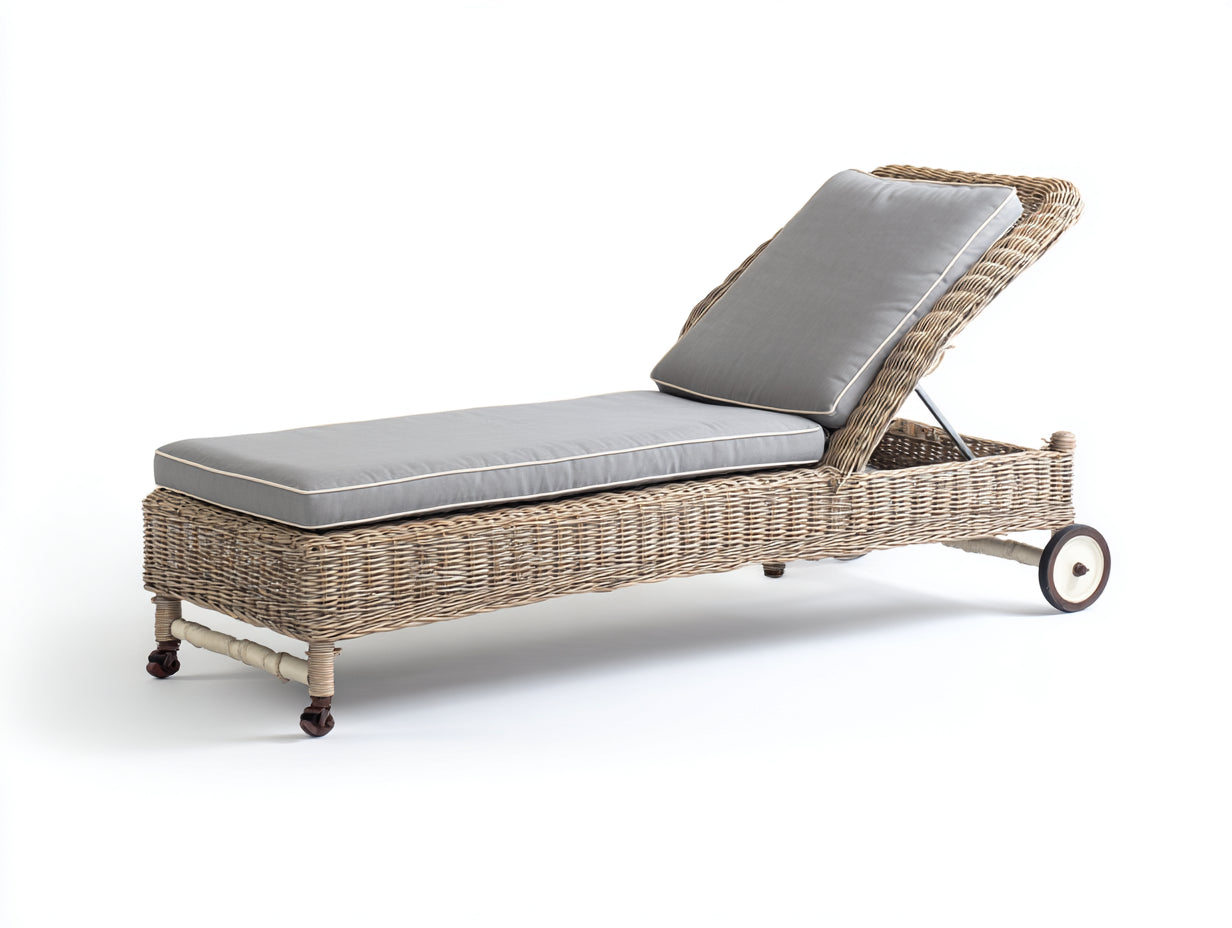 Tumbonas de ratán sintético 190x68x78 cm natural para jardín - respaldo ajustable con ruedas
